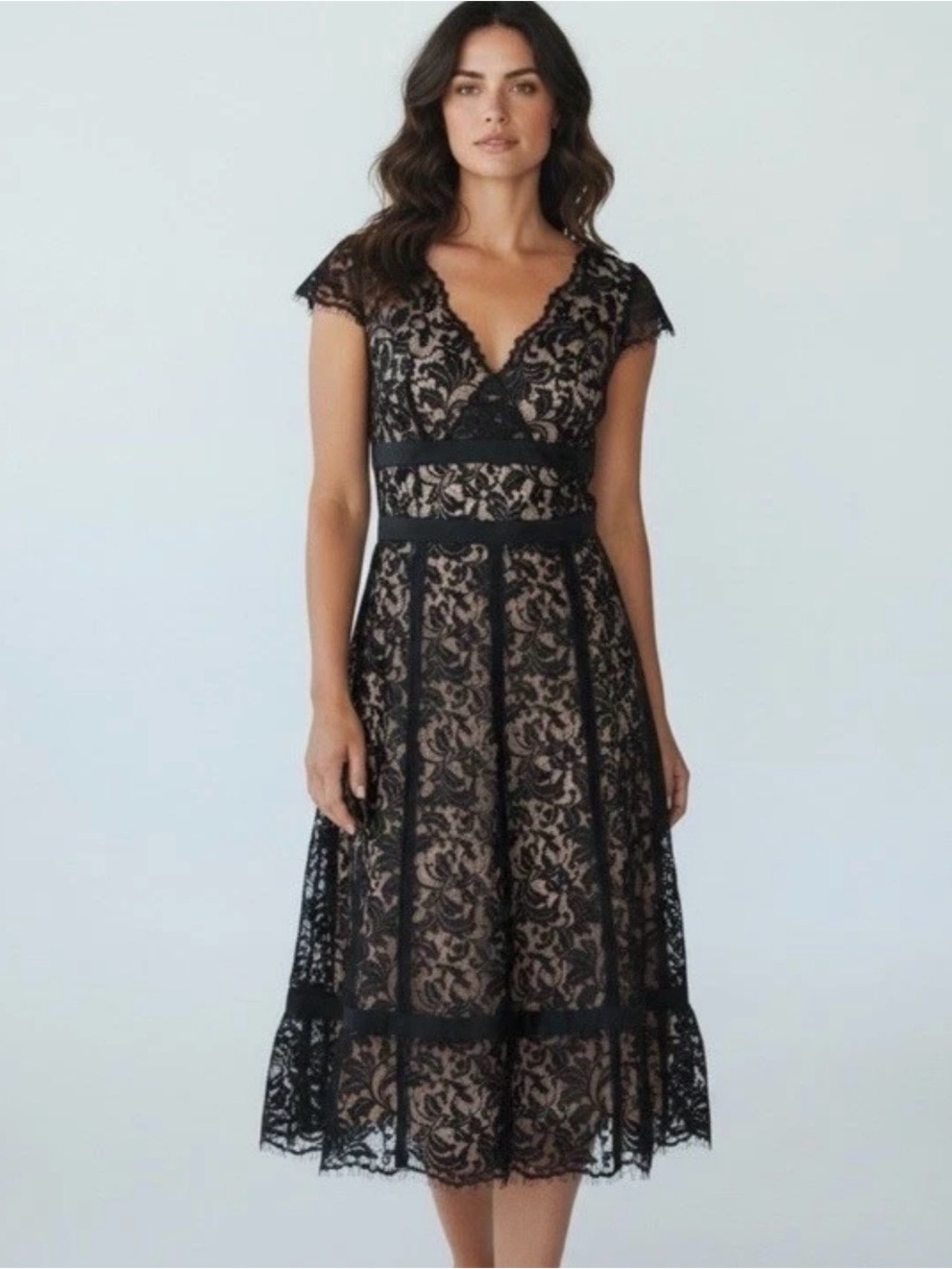 Black Lace V‑Neck Midi Dress